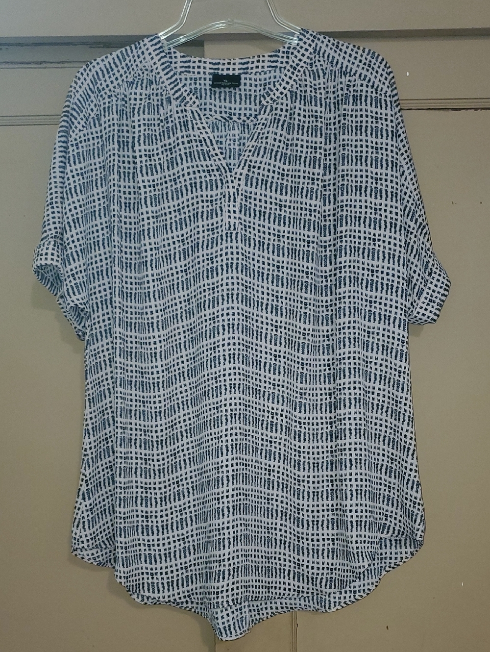 Worthington Navy & White Patterned Short Sleeve Blouse